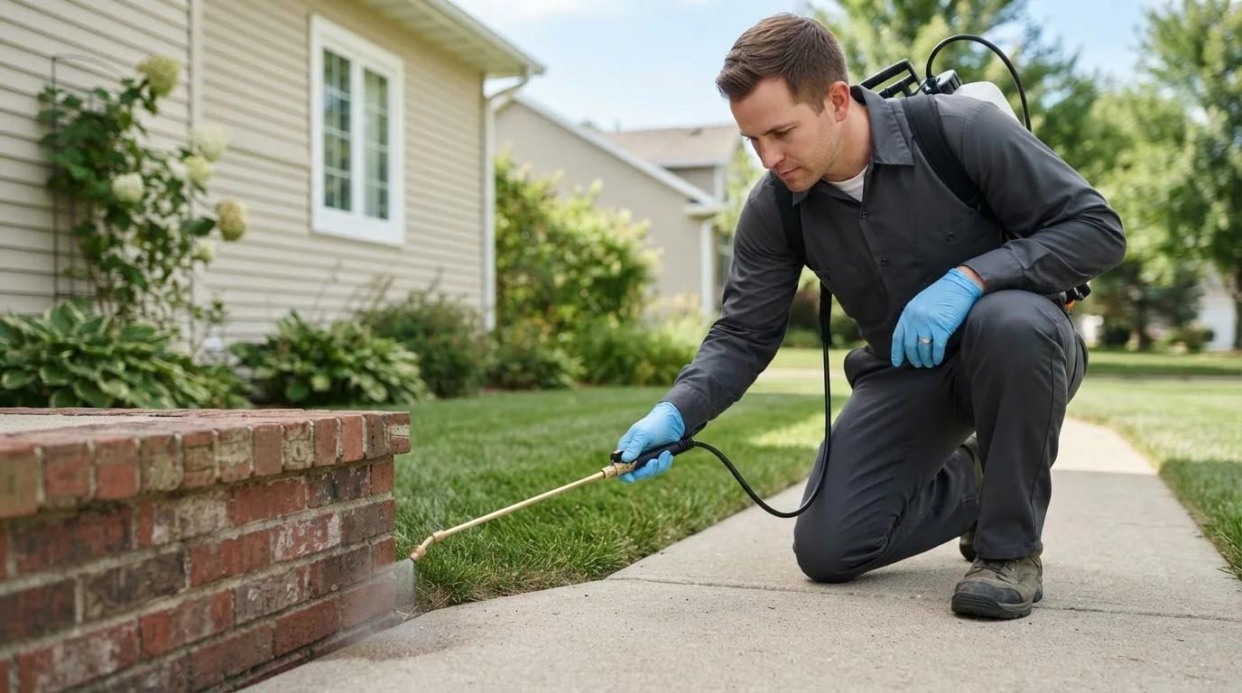Pest control technician treating a home near Hinckley, UT